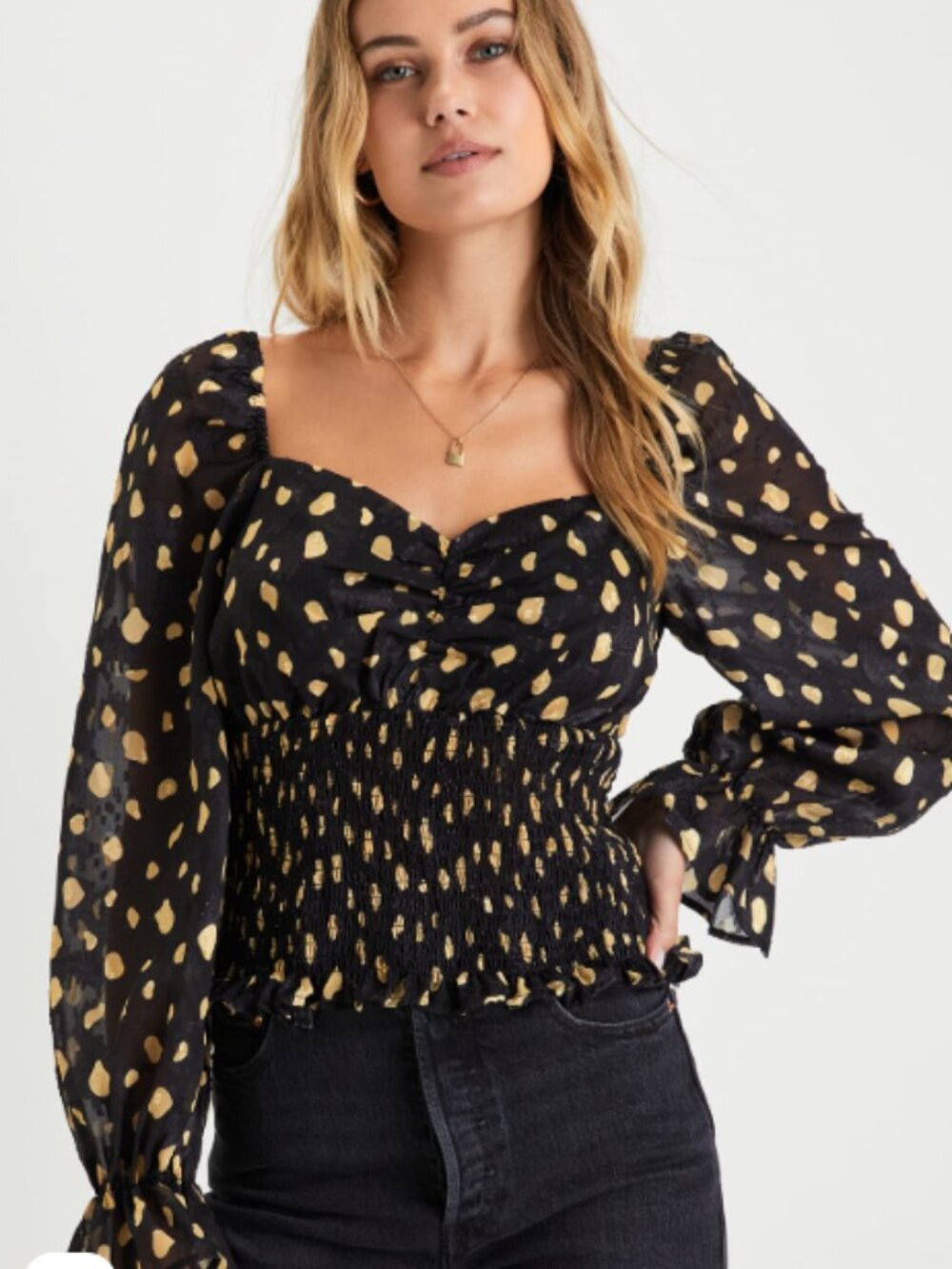 Lulus Black Gold Metallic Blouse S Sheer Puff Sleeve Smocked Top